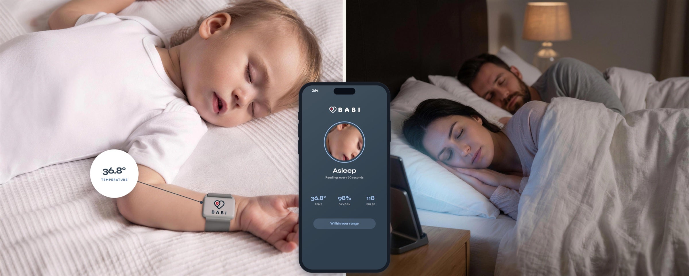 A baby asleep wearing Babi Angel, and parents asleep with the phone on its stand beside them
