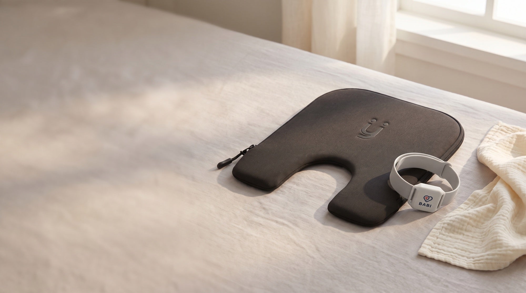 Babi Seat cushion and Babi Angel band on a linen bed in morning light
